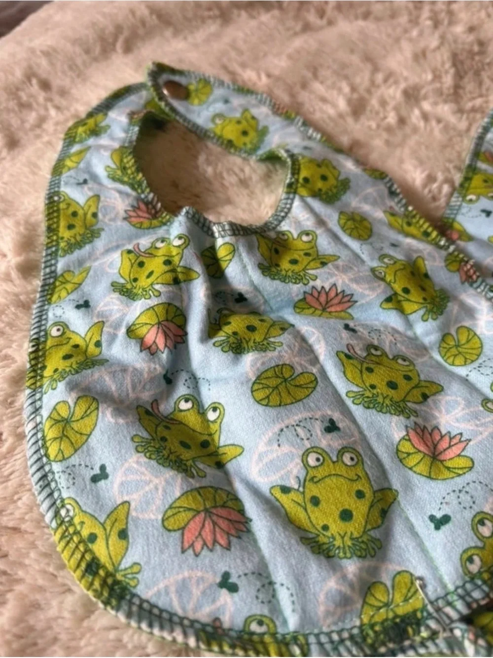 Light Blue Frog-Print Handmade Baby Bib  & Burp Cloth Set